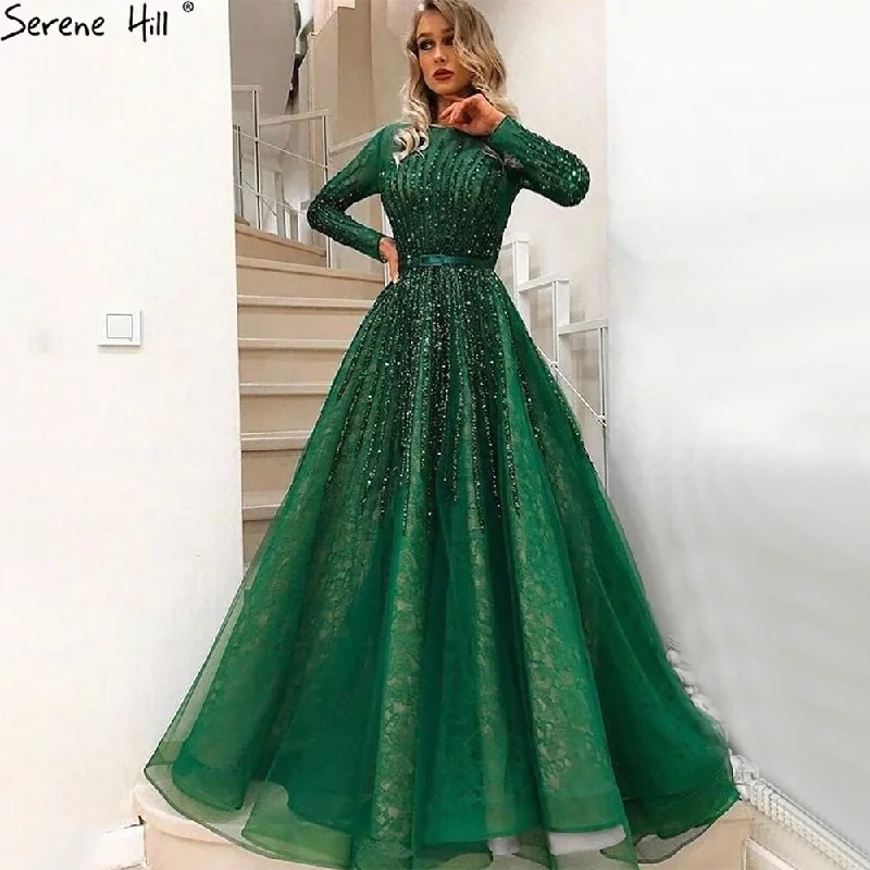 Serene Hill Muslim Green Luxury Evening Dresses Gowns 2024 A-Line Beading Long Sleeves For Women Party LA70927