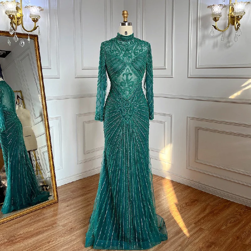 Serene Hill Muslim Green Mermaid Elegant High Neck Luxury Beaded Evening Dresses Gowns 2024 For Women Party LA71776