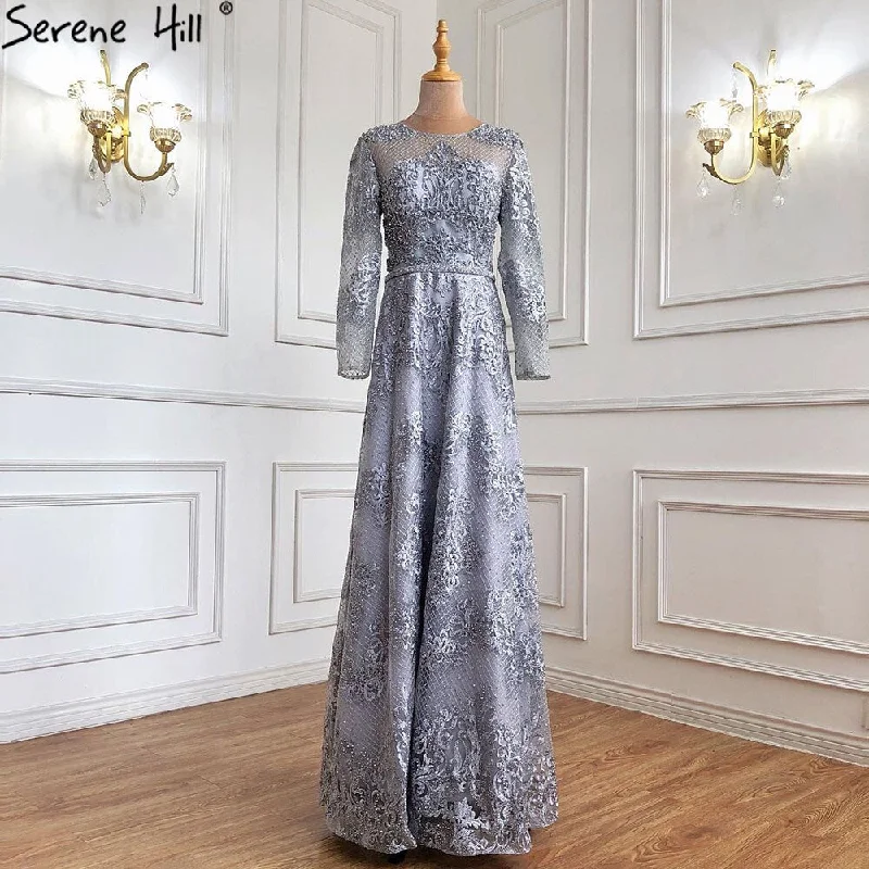 Serene Hill Muslim Grey A-Line Evening Dresses Gowns 2024 Luxury Beaded Lace For Women Wedding Party LA71308