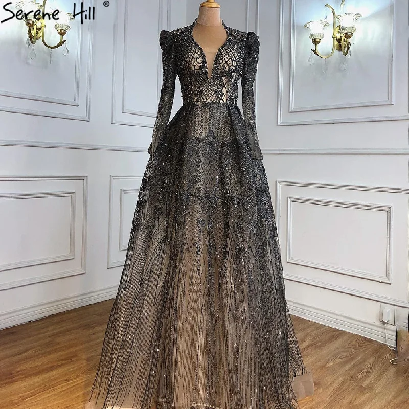 Serene Hill Muslim Grey Luxury  A lineEvening Dresses Gowns 2024 A-Line Beading For Woman Wedding Party  LA71126