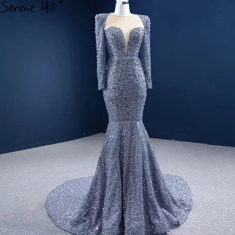 Serene Hill Muslim Grey Mermaid Evening Dresses 2024 Beaded Elegant Luxury Formal Dress HM67272