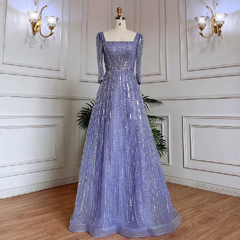 Serene Hill Muslim Lilac A Line Square Collar Beaded Luxury Dubai Evening Dresses Gowns For Women Wedding Party 2024 LA71985