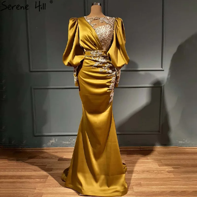 Serene Hill Muslim Luxury Gold Beaded Evening Dresses Gowns 2024 Satin Mermaid Elegant For Women Party LA71409