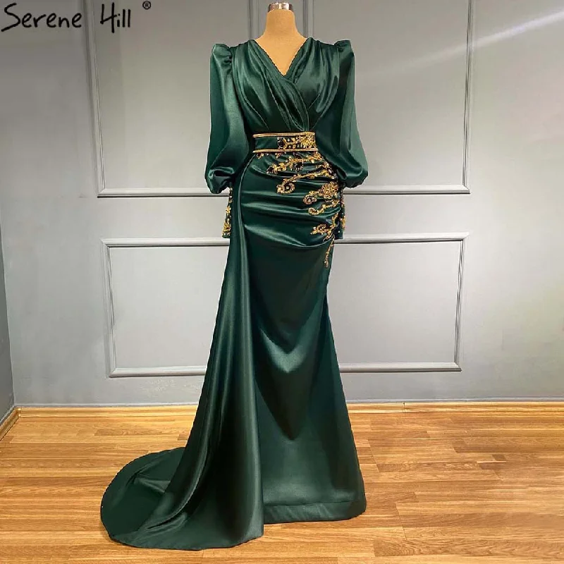 Serene Hill Muslim Luxury Green Satin Evening Dresses Gowns 2024 Mermaid Elegant Beaded For Women Party LA71365