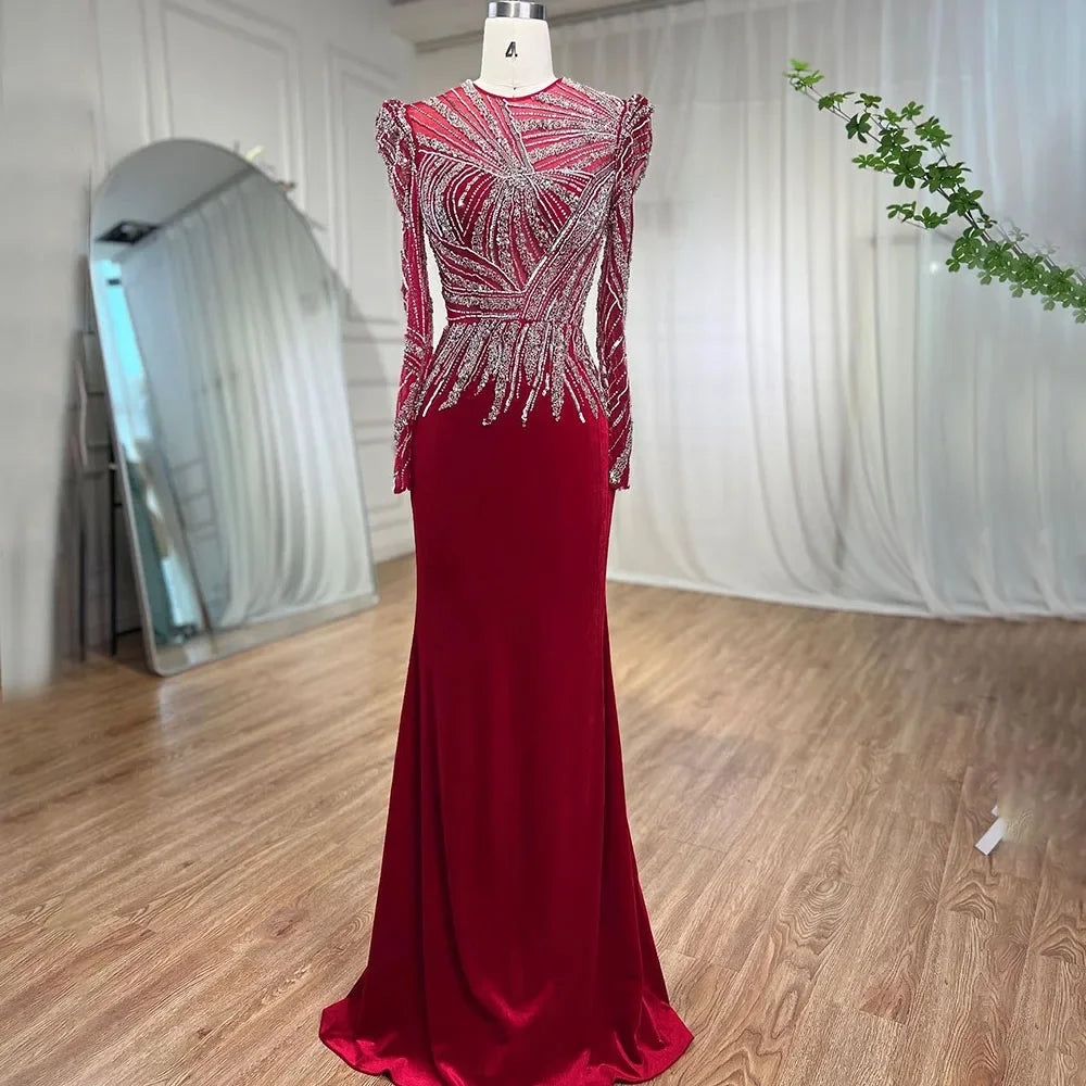 Serene Hill Muslim Mermaid Wine Red Evening Dresses Gowns 2024 Beaded  Elegant Velour For Women Party LA71449