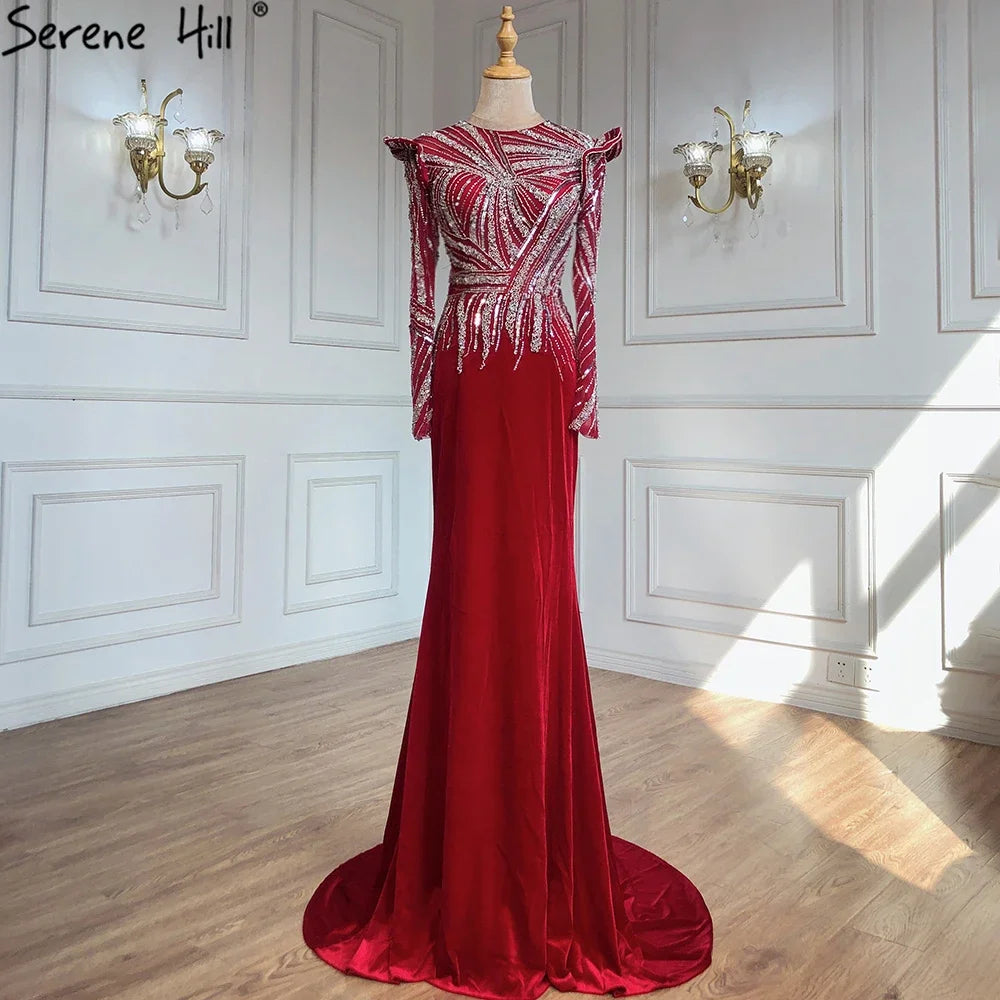 Serene Hill Muslim Mermaid Wine Red Evening Dresses Gowns 2024 Beaded  Elegant Velour For Women Party LA71449