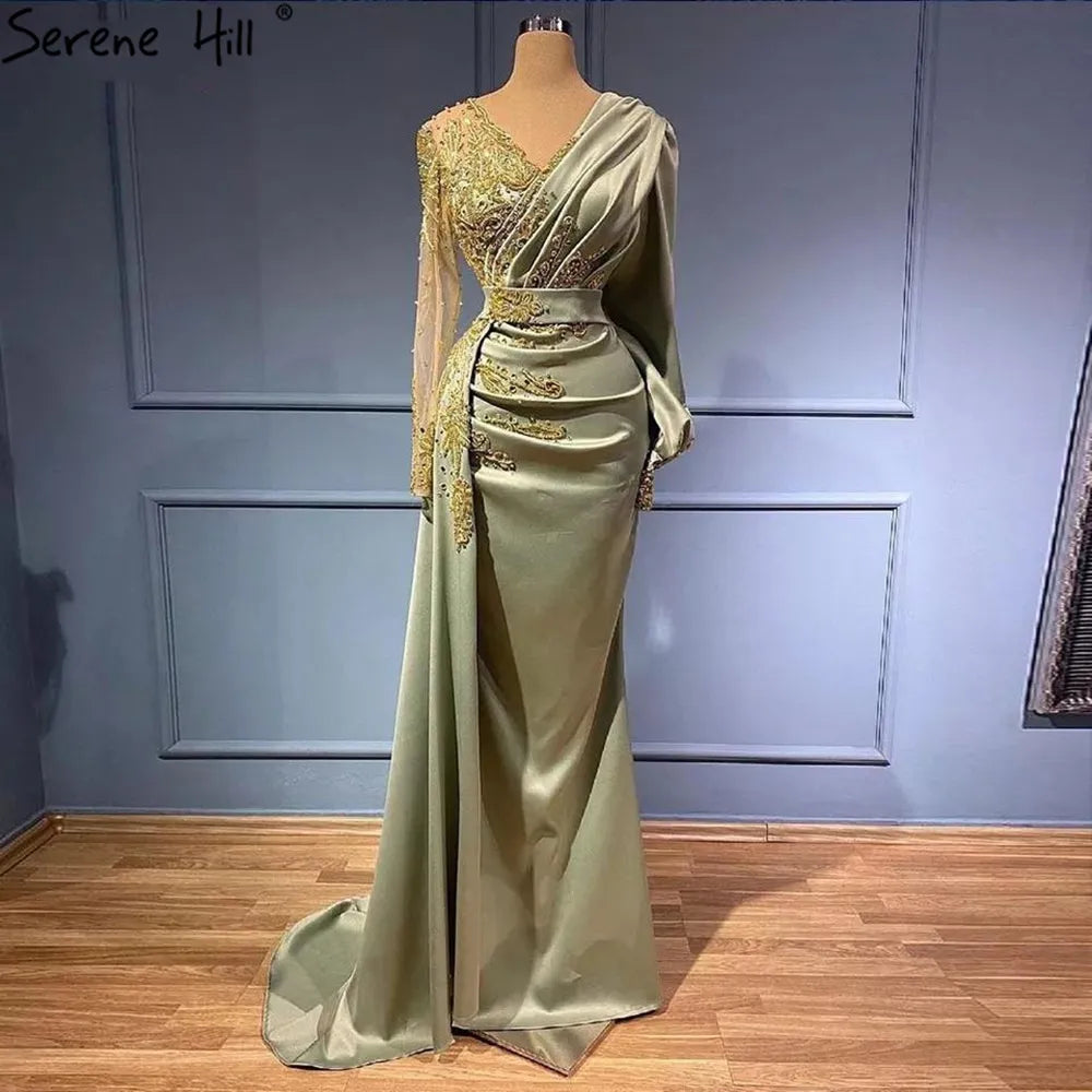 Serene Hill Muslim Mint Mermaid Elegant Beaded Satin Overskirt  Evening Dresses Gowns Plus Size 2024 For Women Party LA71278