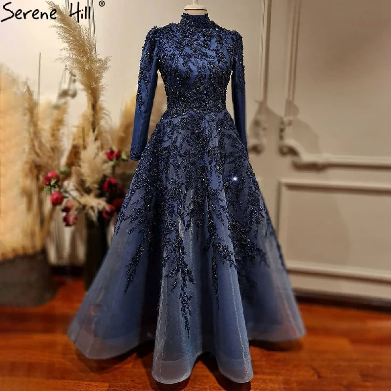 Serene Hill Muslim Navy Blue Evening Dresses Gowns 2024 Beading A-Line Luxury For Women Party LA71098