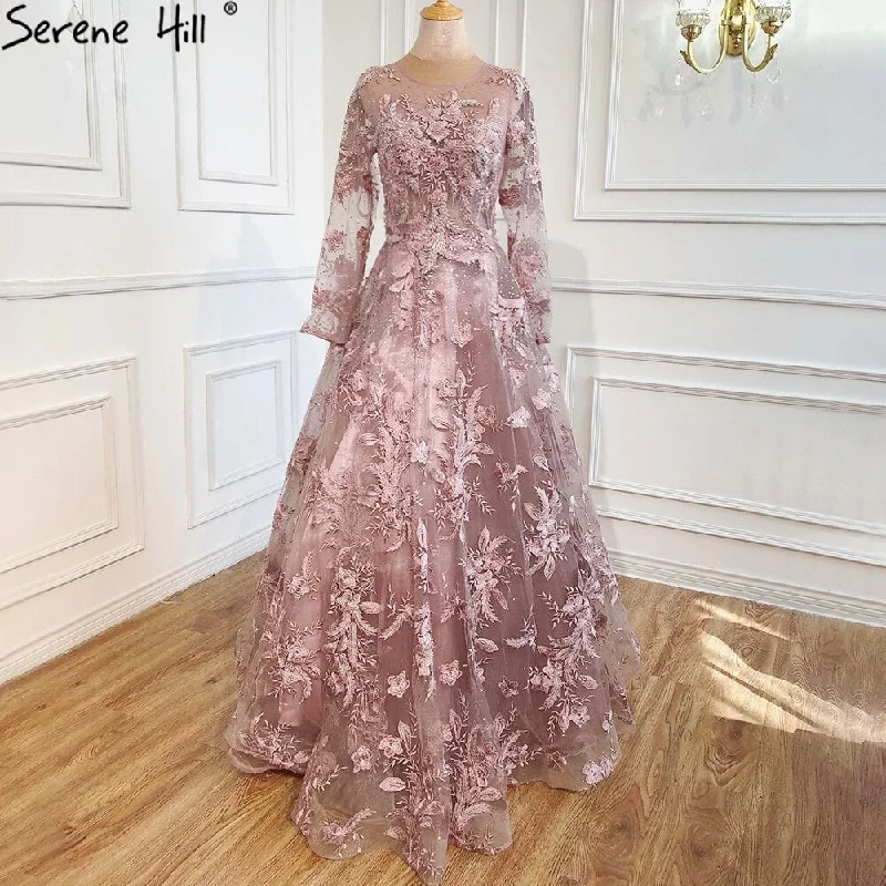 Serene Hill Muslim Pink Beaded Lace A-Line Luxury Long  Crystal Evening Dresses  Formal Gowns For Women Party 2024 LA70708