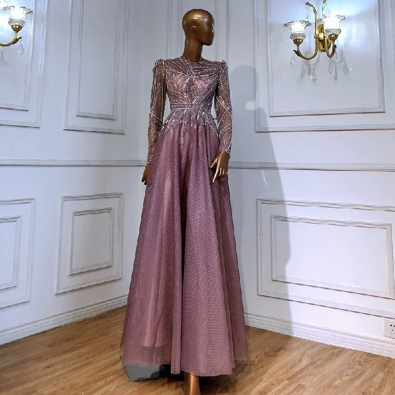 Serene Hill Muslim Pink Evening Dresses Gowns Beaded A-Line Luxury 2022 For Women Wedding Party LA71290L