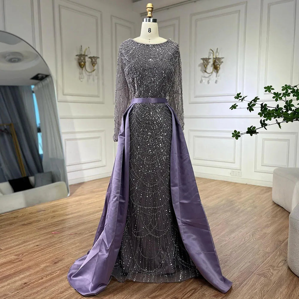 Serene Hill Muslim Purple Mermaid Beaded Pearls Evening Gown with Detachable Overskirt for Women | Wedding Party 2024 LA72032E