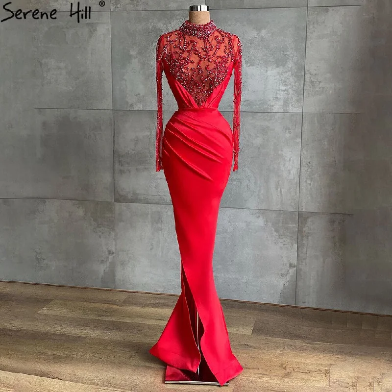 On Sale no return no refundSale Serene Hill Muslim Red Mermaid Split Evening Dresses Gowns 2024 Elegant Satin Beading For Women Party LA71091