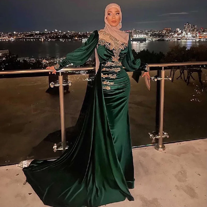 Serene Hill Muslim Satin Green Beaded Elegant With Skirt Mermaid Evening Dresses Gowns 2024 For Women Party LA71532