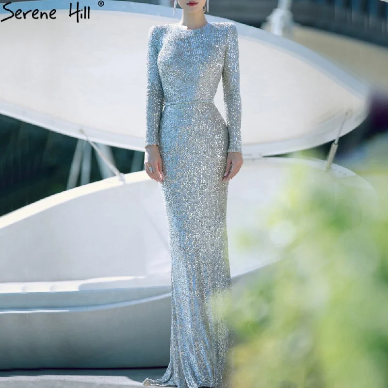 On Sale no return no refundSale Serene Hill Muslim Silver Mermaid Elegant Evening Dresses Gowns  2024 Long Sleeves Sparkle For Women Party LA70690