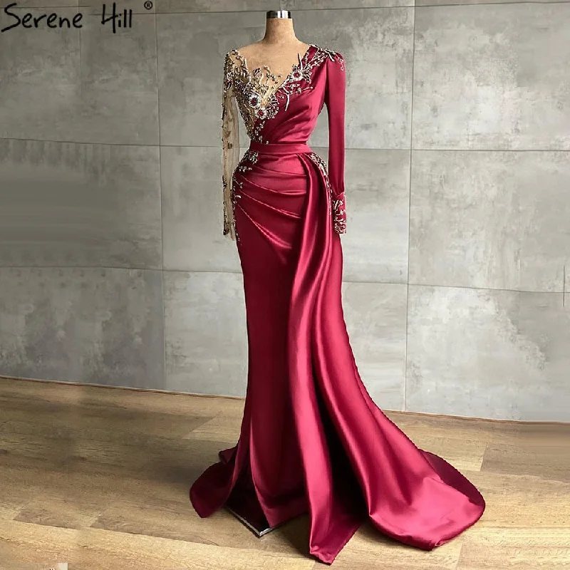 Serene Hill Muslim Wine Red Luxury Mermaid Evening Dresses Gowns 2024 Satin Elegant Beading For Women Party LA70990