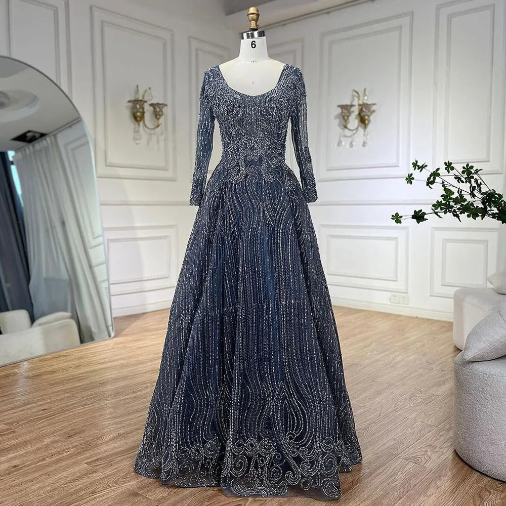 Serene Hill Muslim Navy Blue Overskirt Luxury Dubai Evening Dresses 2024 Elegant A Line Beaded For Women Party LA70773A