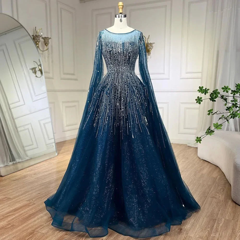 Serene Hill Navy Blue Luxury Evening Dresses with Cape Sleeves A-Line Beaded Gown For Women's Wedding Party 2024 LA72248A