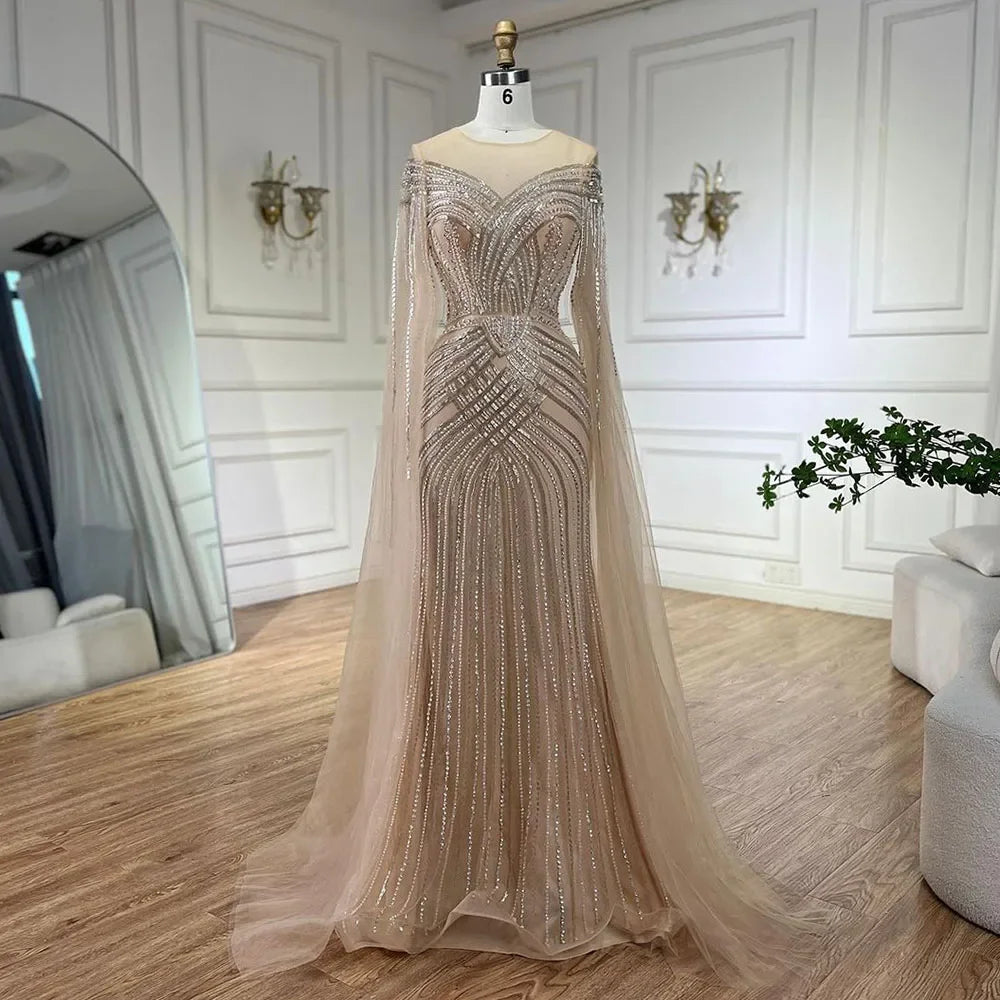 Serene Hill Nude Arabic Mermaid Cape Sleeves O-neck Beaded Evening Dresses Luxury Gowns 2024 For Women Wedding Party LA72012