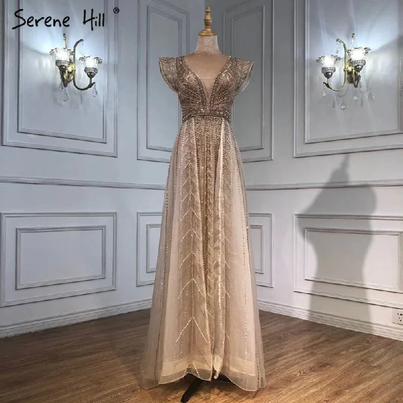 Serene Hill Nude Luxury Overskirt Evening Dresses Gowns 2024 Beaded Mermaid Sexy For Women Party LA71335