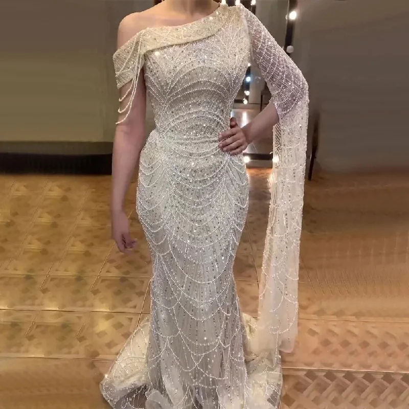 Serene Hill Nude Mermaid Elegant One Shoulder Pearls Beaded Luxury Evening Dresses Gowns For Women Wedding Party 2024 LA72139