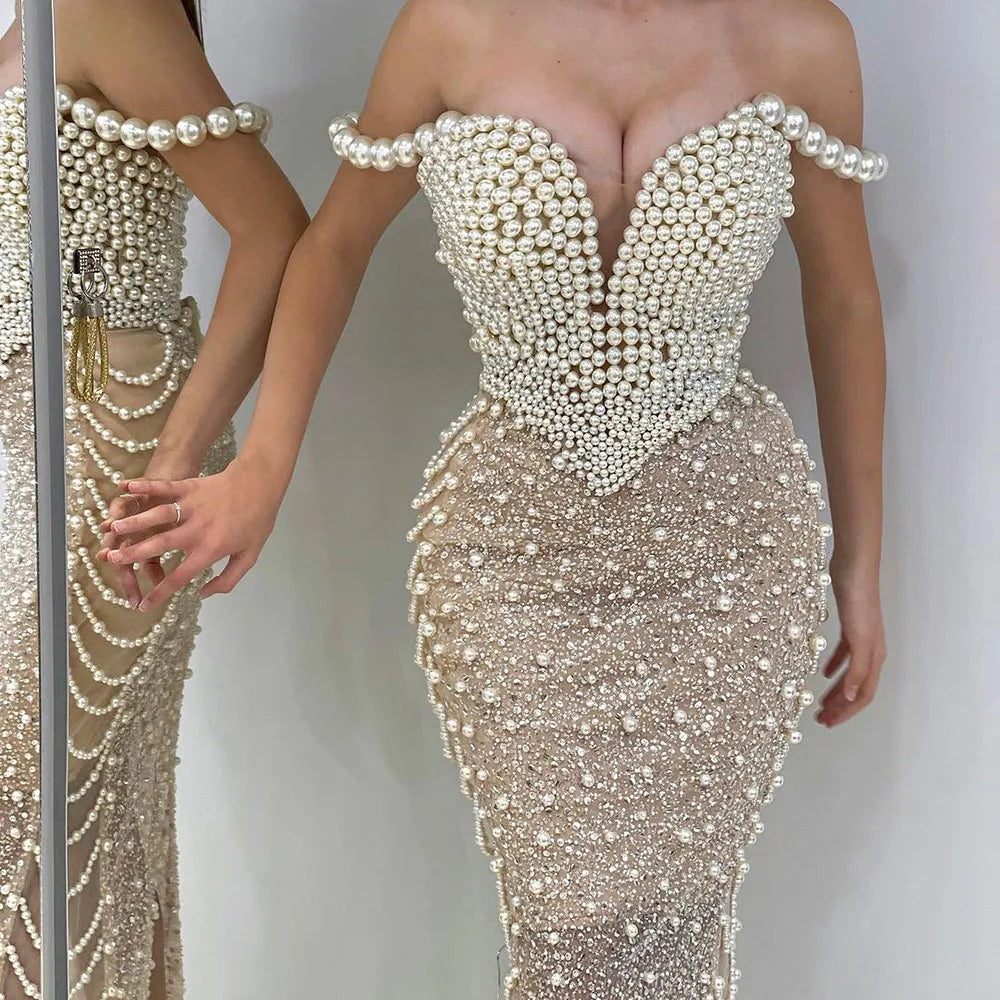 Serene Hill Nude Spaghetti Straps Mermaid Evening Dress with Beaded Pearls - Luxury Dubai Gown for Women's Wedding Party LA72393