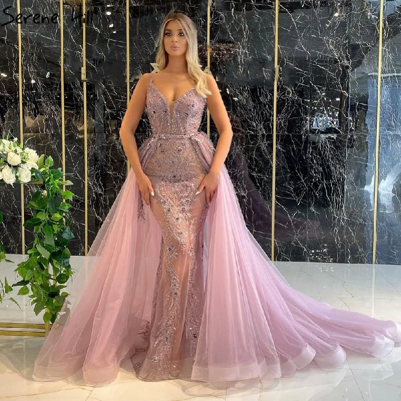 Serene Hill Pink Detachable Skirt Evening Dresses Gowns Mermaid Elegant Luxury Beaded 2024 For Woman Party LA71363