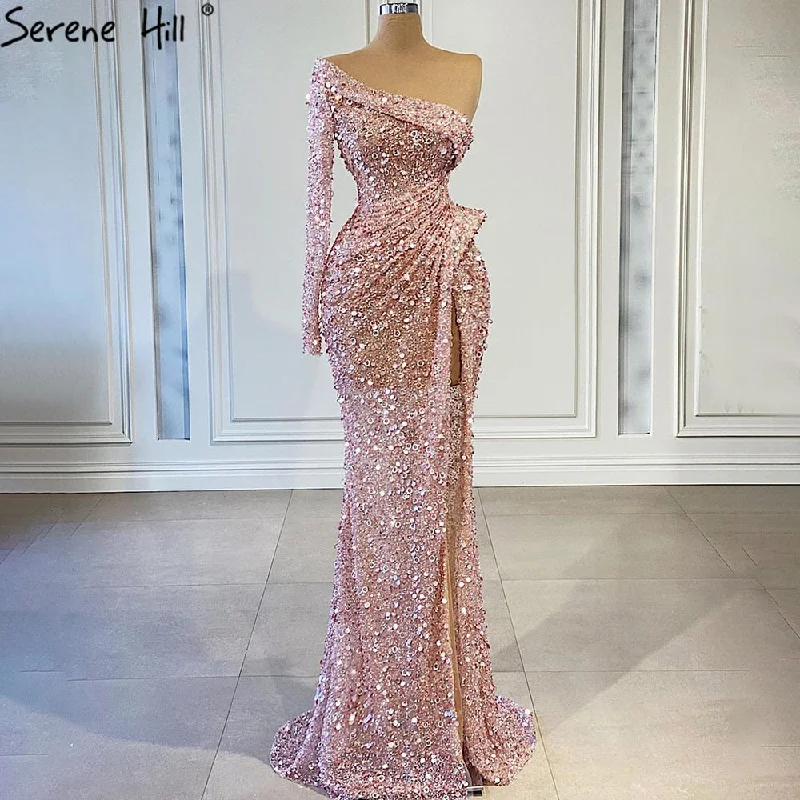 Serene Hill Pink Mermaid High Split Evening Dresses Gowns 2024 Luxury Beaded Elegant Beaded For Women Party LA71244