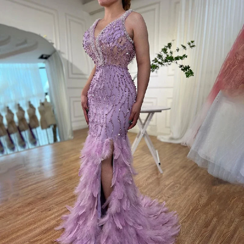 Serene Hill Pink Mermaid Sexy High Split V Neck Evening Dresses Feather Beaded Gowns Long 2024 For Women Wedding Party LA72152