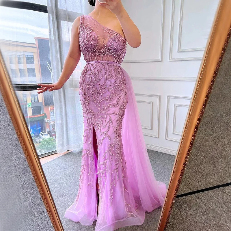 Serene Hill Pink Sexy High Split Mermaid Elegant Evening Dresses Gowns Luxury Beaded 2023 For Women Party LA71582