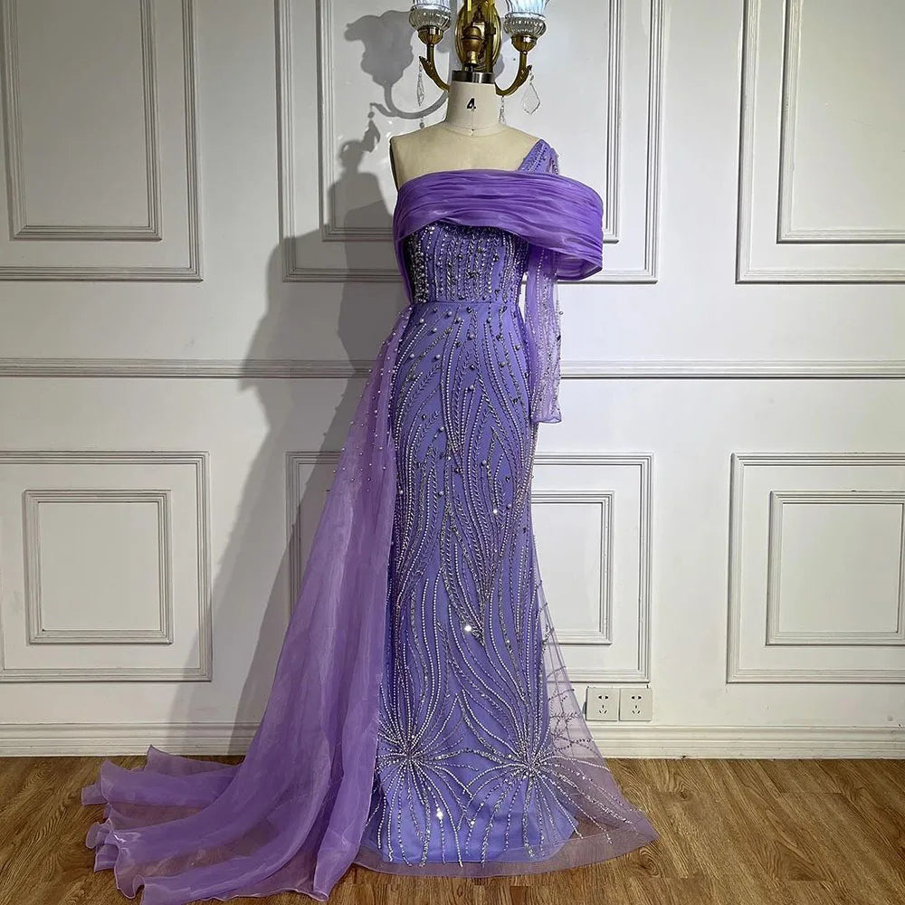 Serene Hill Purple Arabic Evening Dress Side Train Pearls One Shoulder for Women's Formal Prom Wedding Party Gowns 2024 LA72332A