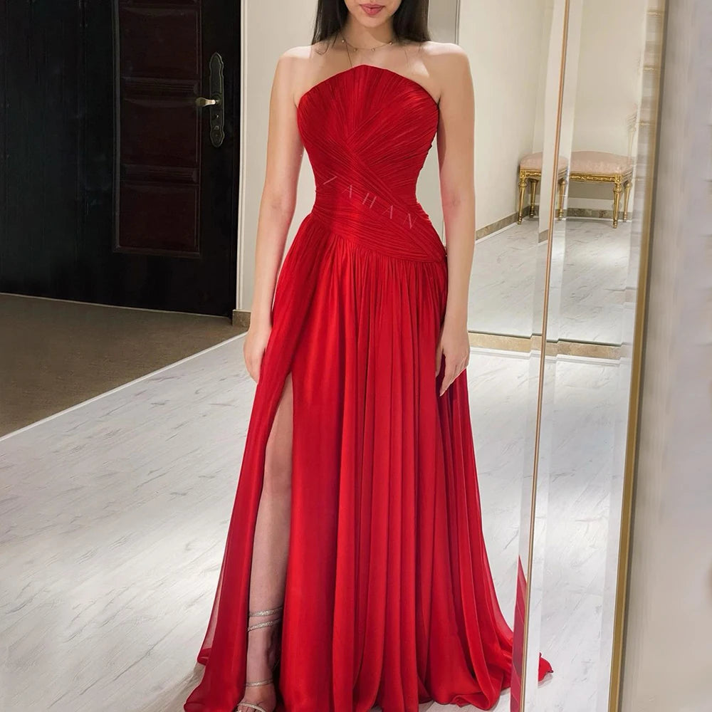 Serene Hill Red Chiffon Elegant Srapless with Split Evening Dress Luxury Dubai Arabic Women Wedding Prom Party Gowns 2024 LA72537