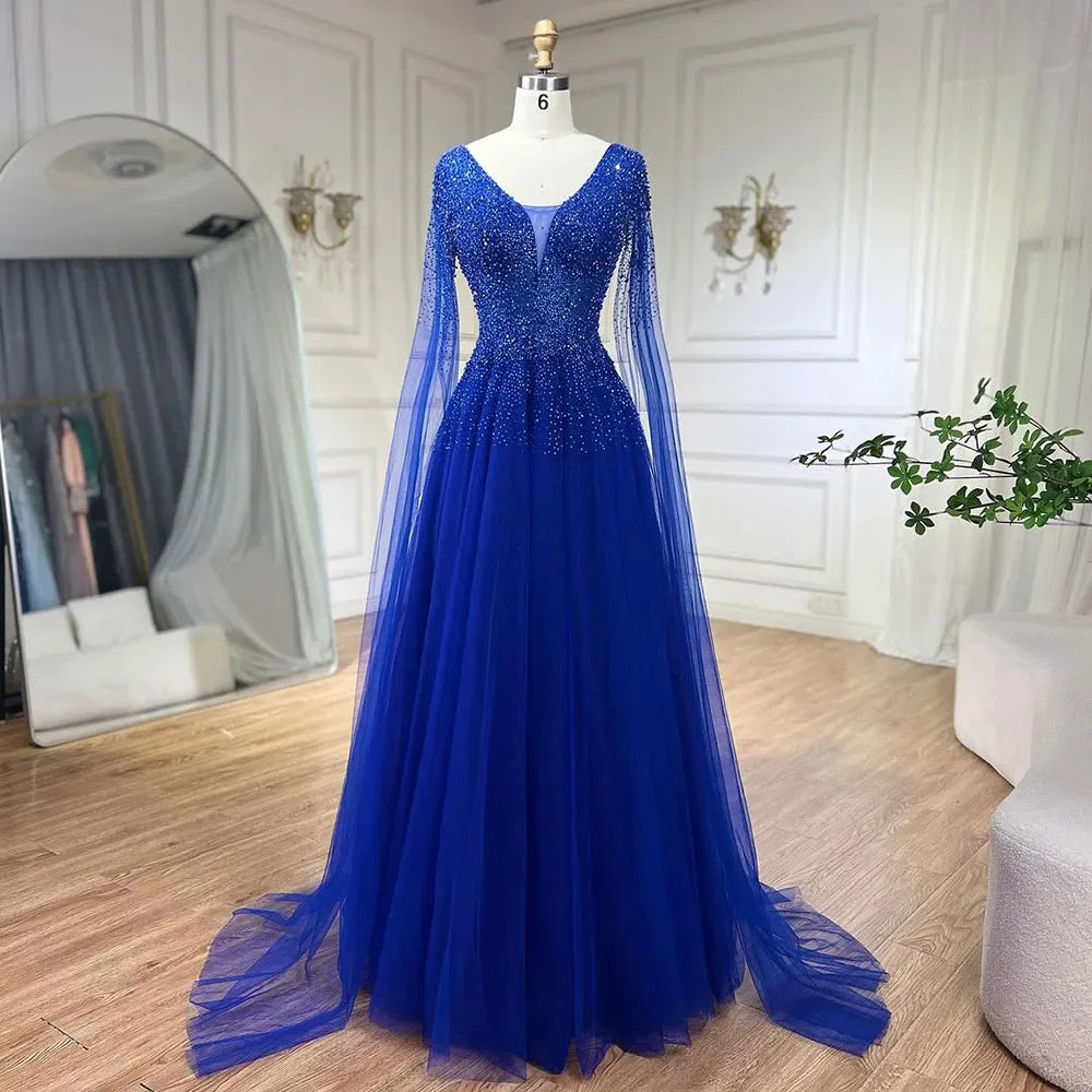 Serene Hill Royal Blue Luxury Evening Dresses with Cape Sleeves A-Line Beaded and Gown For Women's Wedding Party 2024 LA72315