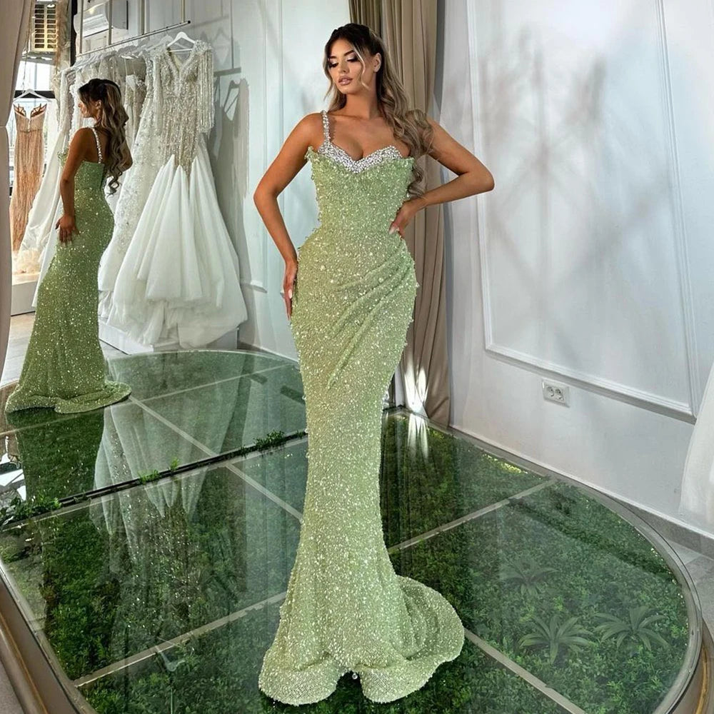 Serene Hill Sage Green Mermaid One Shoulder Beaded Crysal Luxury Dubai Evening Dresses Gowns For Women Party 2024 LA72419