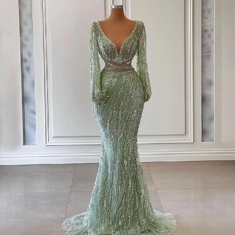 Serene Hill Sexy Mint Mermaid Elegant V-Neck Beaded Luxury Arabic Shiny Evening Dresses Gowns For Women Party 2024 LA71784