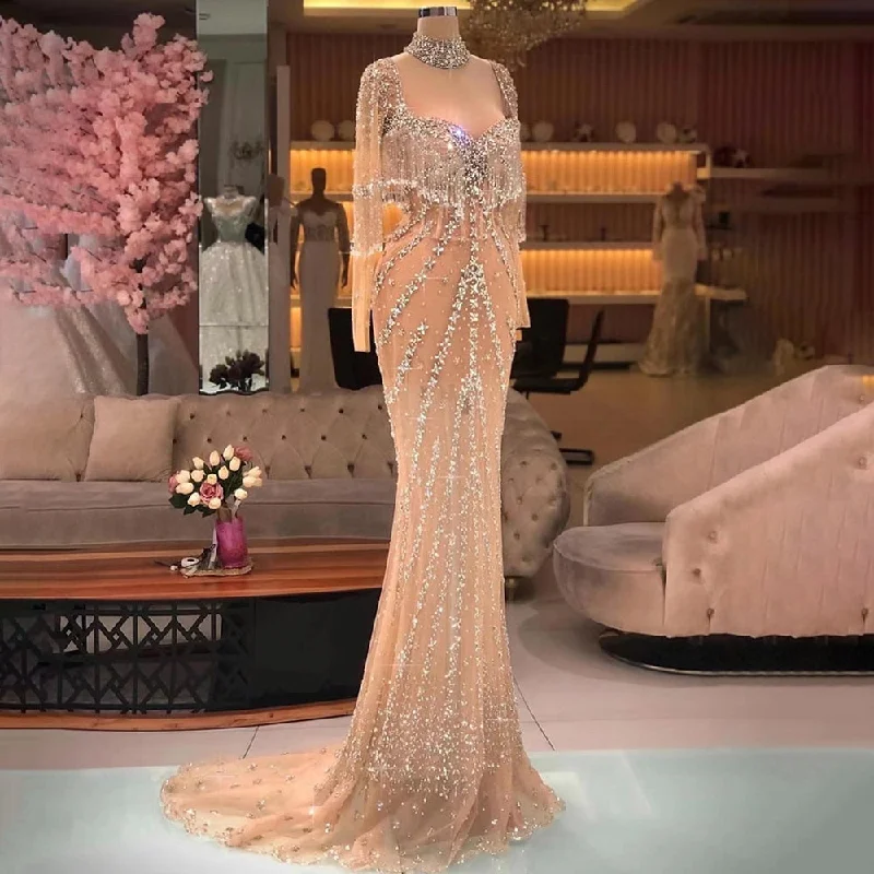 Serene Hill Sexy Sliver Nude Mermaid Elegant Arabic Full Sleeve Evening Dresses Gowns Luxury Tassel Beaded 2022  Party LA71716