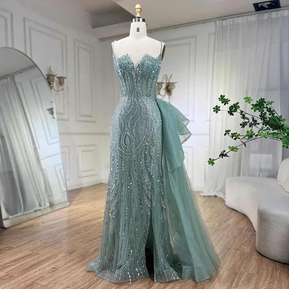 Serene Hill Sky Blue Spaghetti Strap Luxury Evening Dresses Gowns 2024 Mermaid Beaded Elegant Overskirt For Women Party LA72378