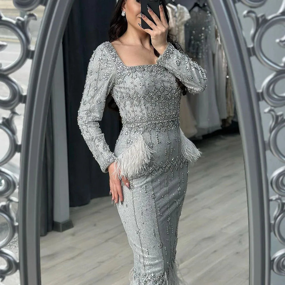 Serene Hill Sliver Gray Mermaid Evening Dress Tea Length Feather Prom Formal Dresses for Women's Wedding Party Gowns LA71669L