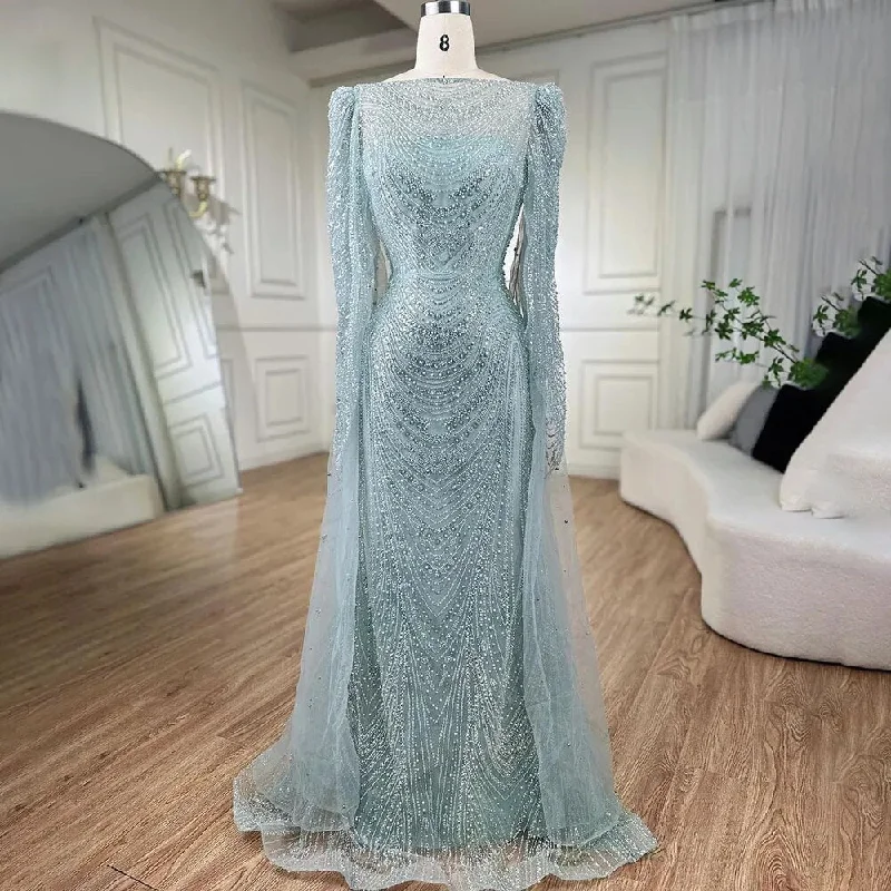 Serene Hill Turquoise Cape Sleeves Luxury Beaded Mermaid Arabic Evening Dresses Gowns For Women Wedding Party 2024 LA72185