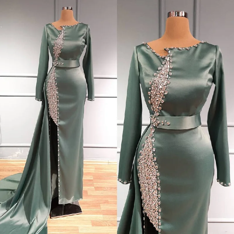 Serene Hill Turquoise Mermaid High Split Evening Dresses Gowns 2024 Overskirt Beaded Crystal For Women Party LA71516