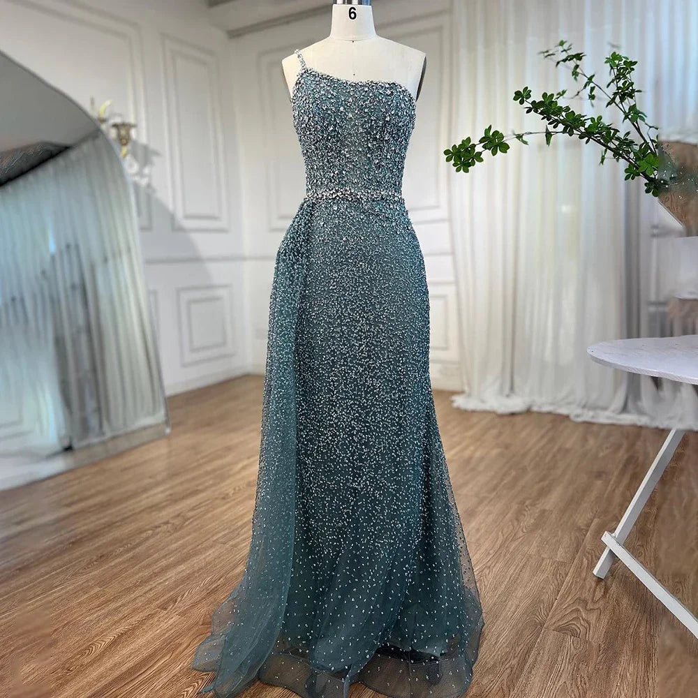 Serene Hill Turquoise Mermaid One Shoulder With Overskirt Beaded Evening Dresses Gowns 2024 For Women Wedding Party LA72144