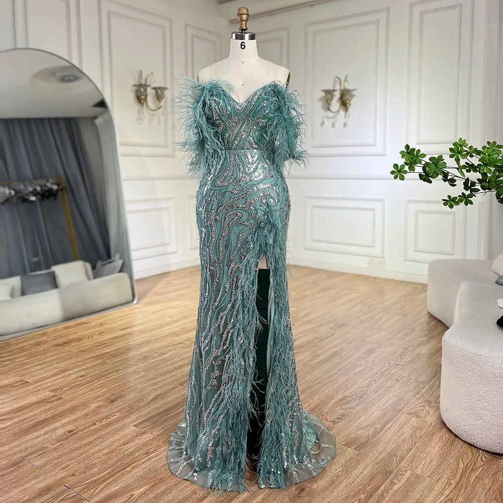 Serene Hill Turquoise Spaghetti Strap High-Split Mermaid Beaded Feathers Evening Gown for Women Wedding Party 2024 LA72602