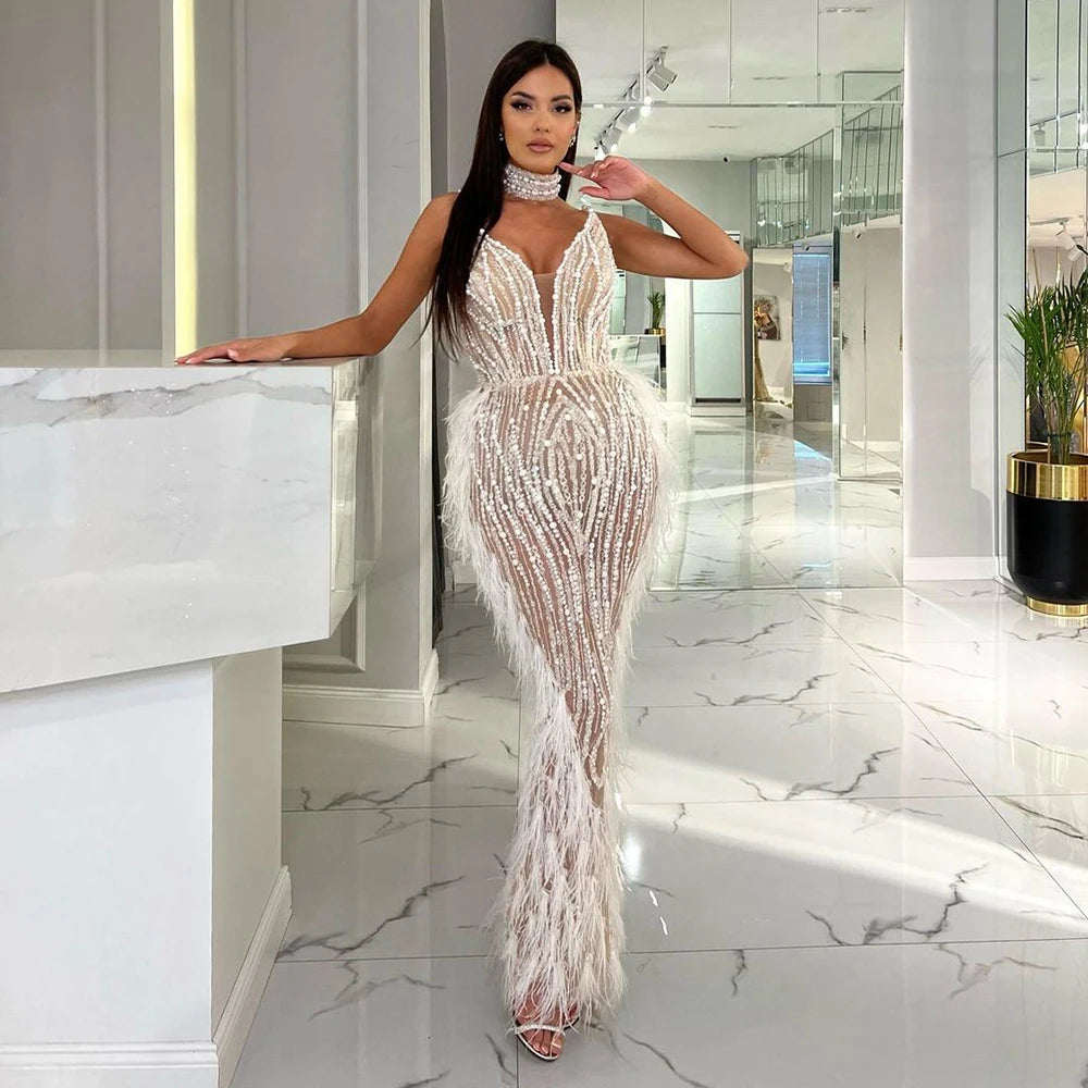 Serene Hill White Nude Mermaid Spaghetti Strap Beaded Feather Evening Dresses  Gowns 2024 For Woman Wedding Party LA72047