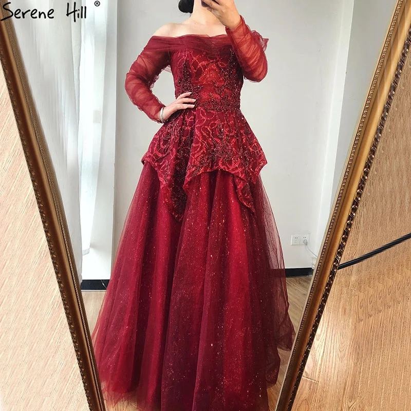 On Sale no return no refundSale Serene Hill Wine Red A-Line Evening Dresses 2024 Dubai Beading Long Sleeves Formal Dress Design LA70692