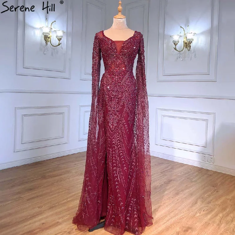 Serene Hill Wine Red Luxury Cape Sleeve Evening Dresses Gowns 2024 Beaded Mermaid Elegant Up For Women Party LA71383