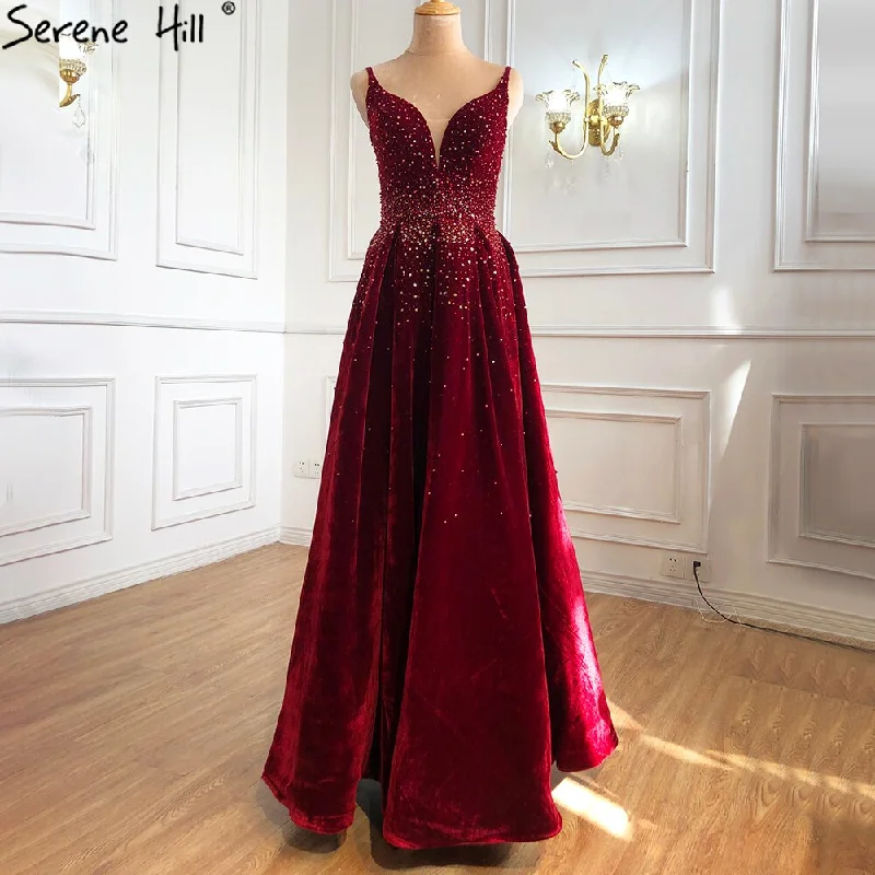 On Sale no return no refundSale Serene Hill Wine Red Velvet Luxury Evening Dresses Gowns 2024 A-Line Beading Sexy For Women Party LA70956