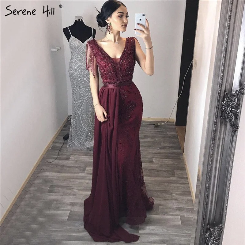 Serene Hill Wine Red with  Removable Sashes Evening Gowns 2024 Dubai  Plus Size  Beading Tassel Luxury Formal Dress LA60846