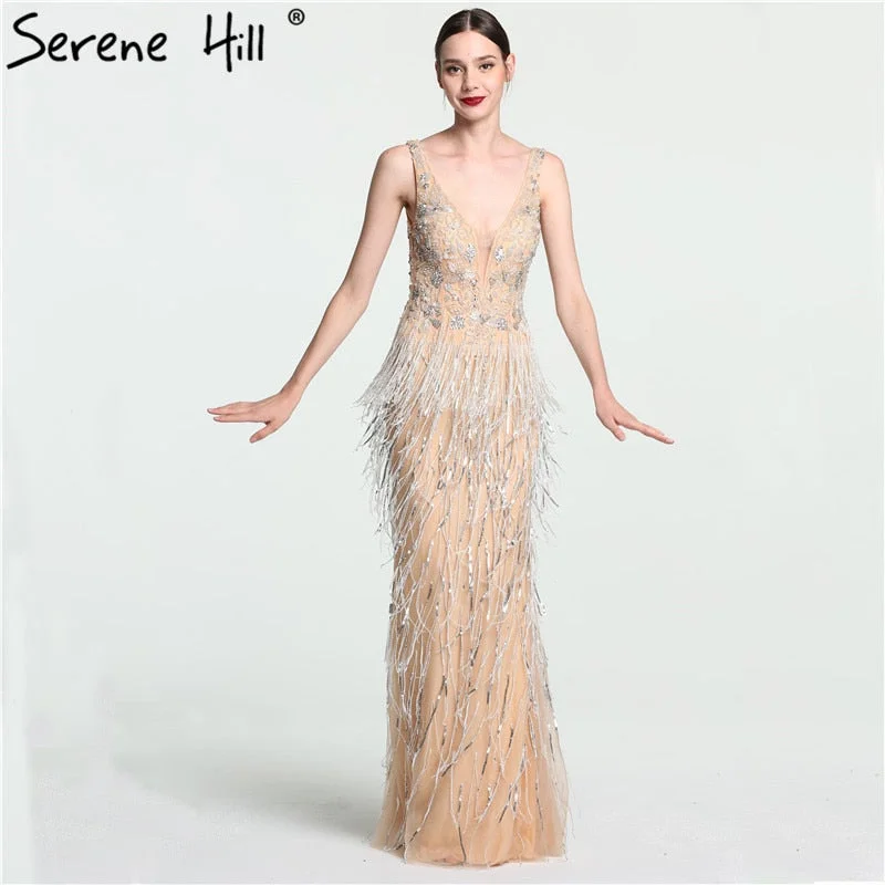 Sale Sexy Deep-V Mermaid Gold Tulle Evening Dresses Newest Beading Sequined Luxury Evening Gown 2024 Serene Hill LA6104