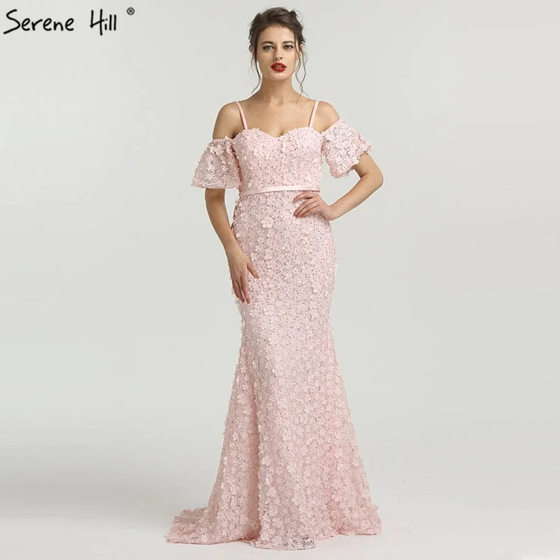 On Sale no return no refundSexy Strapless Short Sleeves Mermaid Evening Dresses 2018 Embroidery Pearls Fashion Evening Gowns Serene Hill LA6519