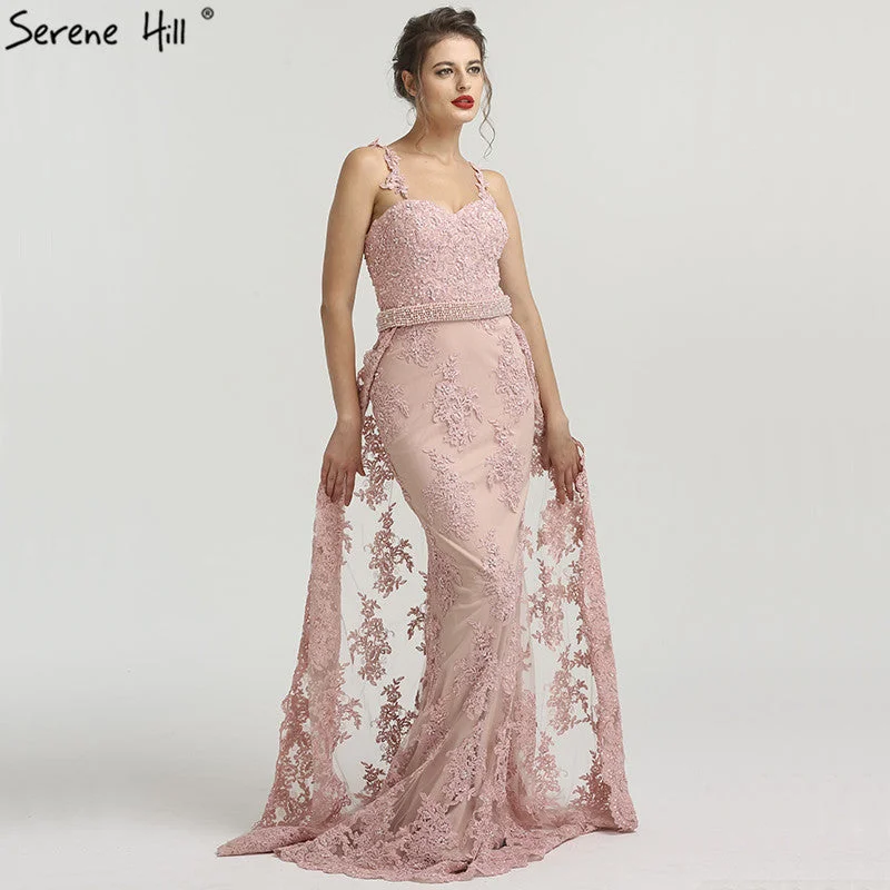 On Sale no return no refundSale Shoulder Strap Lace Evening Gowns Pearls Beading Mermaid LA6226