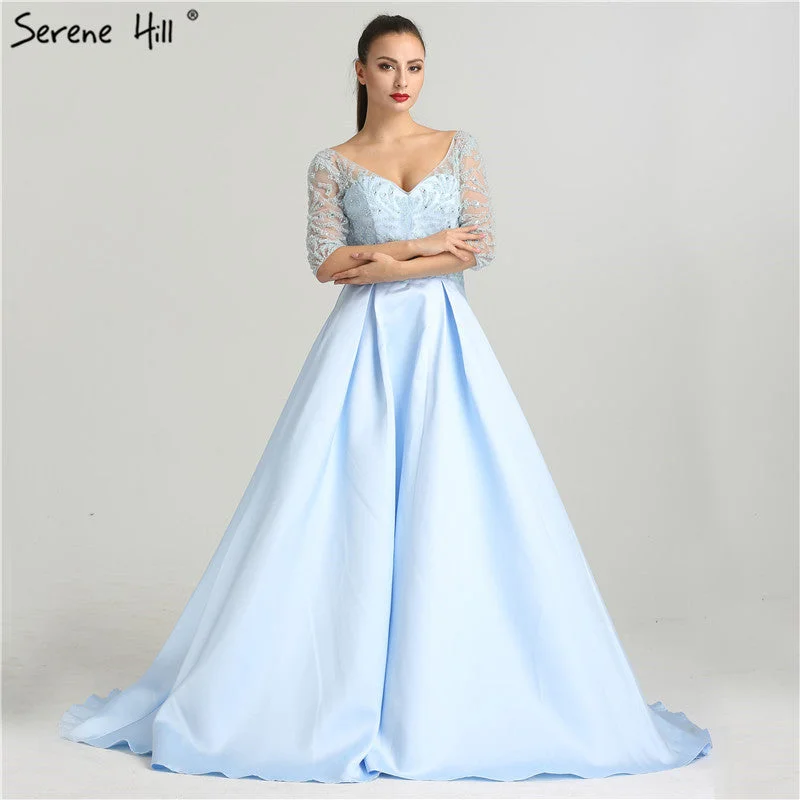 On Sale no return no refundSale V-Neck Sexy Evening Dresses Long Half Sleeves Crystal Beading LA6429